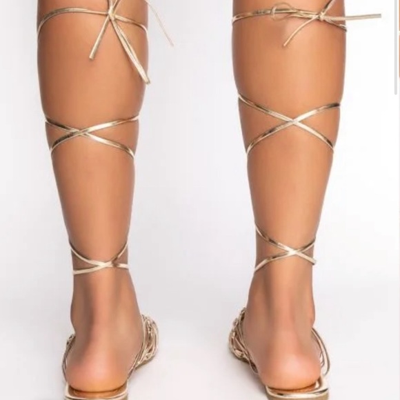 •Take Me on Vacation• Flat Gold Square Toe Laced & Wrapped Sandal - Picture 5 of 5